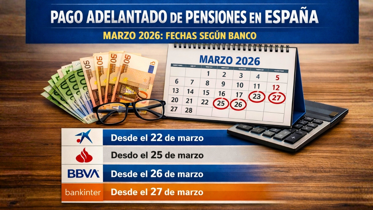Pago adelantado de pensiones en España marzo 2026: fechas según banco